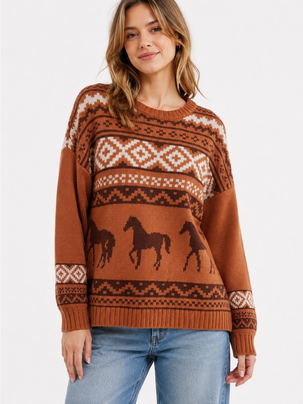 Very J Horse Fair Isle New Small Crewneck Western Equestrian Brown Sweater